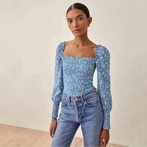 Reformation Pinto Floral Top in Lassen Blue Size Large